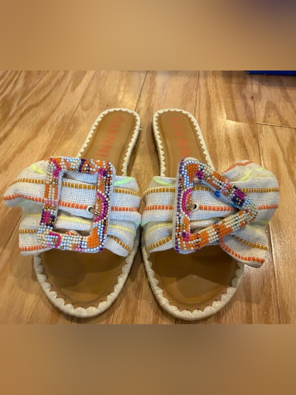 Gianni Bini Jaxson sandals Multi colored Orange Beaded Buckle Slide Sandals - Picture 2 of 9